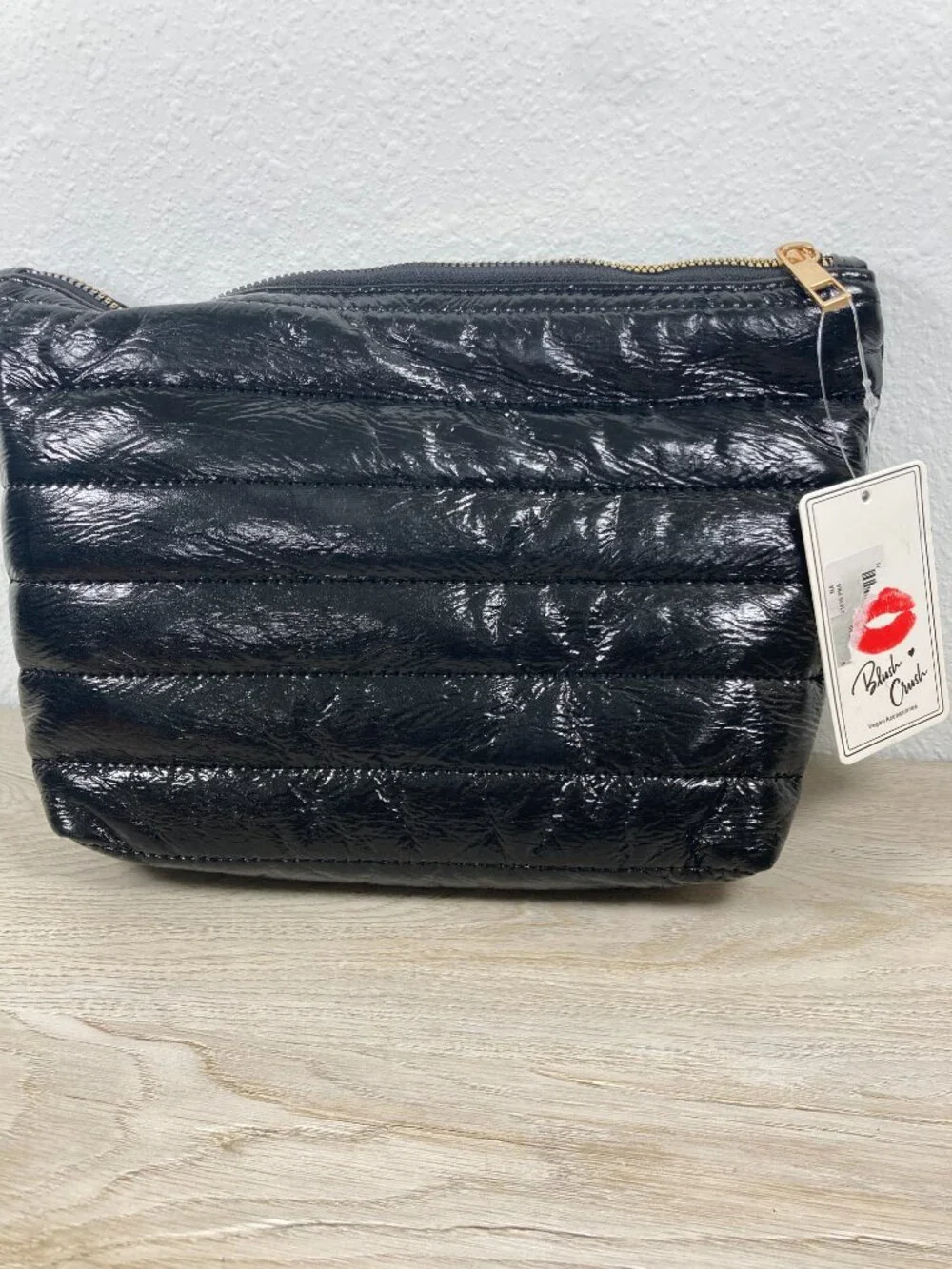 Blush Crush Black Puffer Cosmetic Bag – Pink Heart Lining NWT